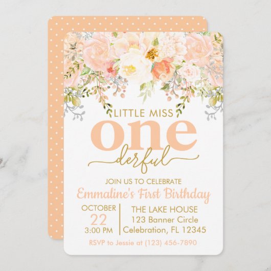 Peach Little Miss ONEderful Girl First Birthday Kaart (Voorkant / Achterkant)