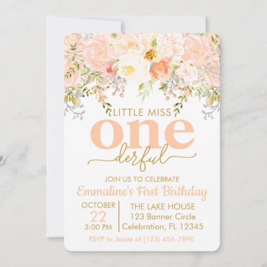 Peach Little Miss ONEderful Girl First Birthday Kaart (Voorkant)