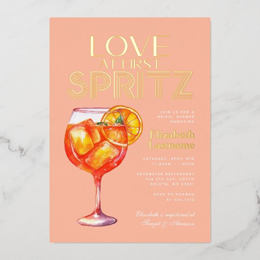 Peach Love bij First Spritz Vrijgezellenfeest Folie Uitnodiging (Voorkant)