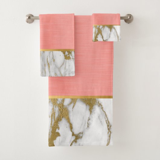 PEACH MARBLE GOLD BATHROOM TOWEL SET BAD HANDDOEK (Insitu)