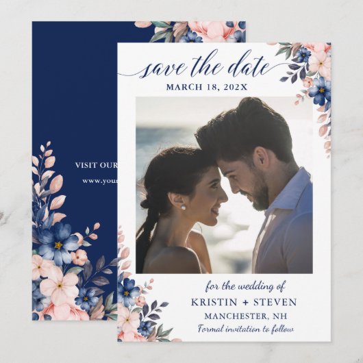 Peach marine Blue Floral foto Save the Date Kaart (Voorkant / Achterkant)