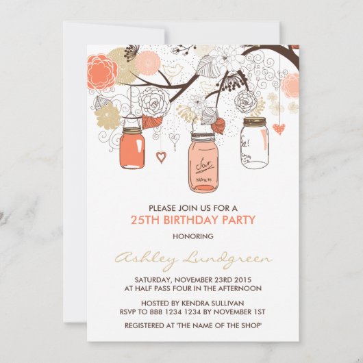 Peach Mason Jars Floral Birthday Party Invitation Kaart (Voorkant)