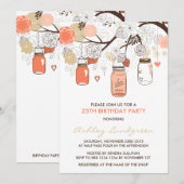 Peach Mason Jars Floral Birthday Party Invitation Kaart (Voorkant / Achterkant)