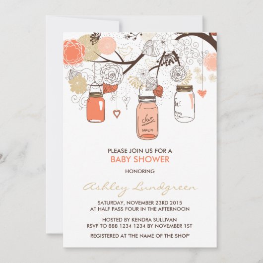 Peach Mason Jars Spring Baby shower Invitation Kaart (Voorkant)