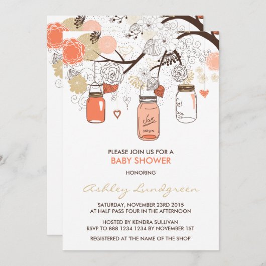 Peach Mason Jars Spring Baby shower Invitation Kaart (Voorkant / Achterkant)