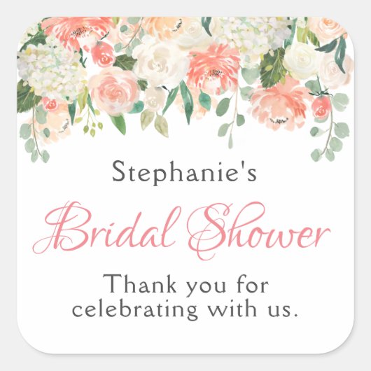 Peach Medley Waterverf Bloemen Vrijgezellenfeest Vierkante Sticker (Voorkant)