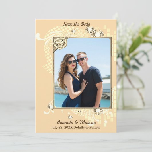 Peach met Lijst & Diamonds Afbeelding Save The Date (Staand voorkant)