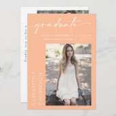 Peach Minimaal Script Twee Foto Graduation Party Kaart (Voorkant / Achterkant)