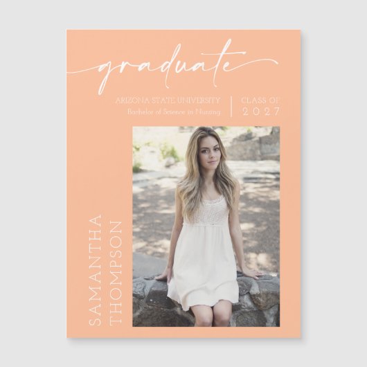 Peach Minimalist Script Photo Afstuderen magneet (Voorkant)