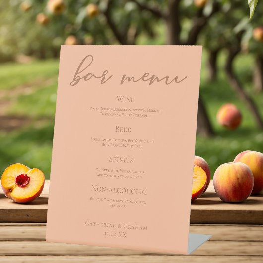 Peach Minimalist Script Summer Wedding Bar Menu Reclamebord Met Voetstuk