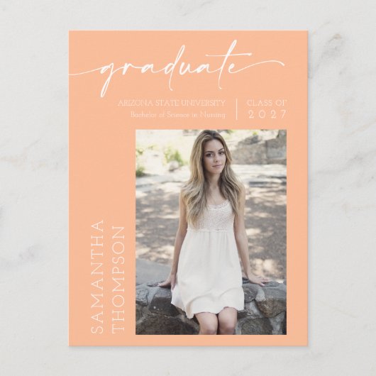 Peach Minimalist Script Ze deed het foto Afstudeer Briefkaart (Voorkant)