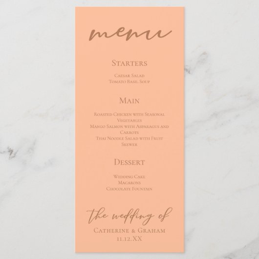 Peach minimalistische typografie zomer bruiloft menu (Voorkant)