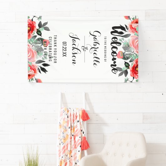 Peach & Mint Bloemen Waterverf Bruiloft Welkom Spandoek (Insitu)