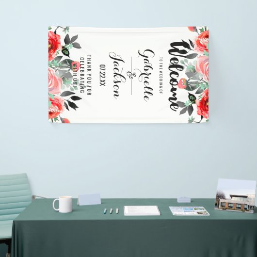 Peach & Mint Bloemen Waterverf Bruiloft Welkom Spandoek (Beurs)