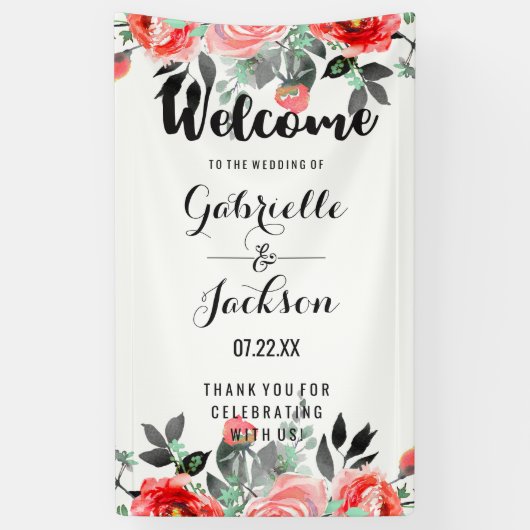 Peach & Mint Bloemen Waterverf Bruiloft Welkom Spandoek (Verticaal)