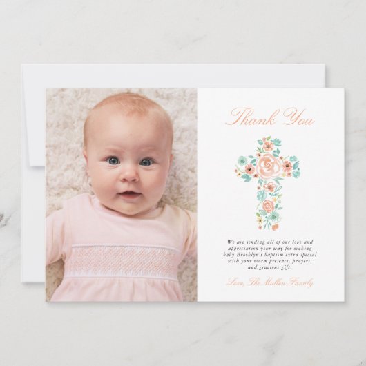 Peach & Mint Bloemenkruis Doop Foto Dank u Bedankkaart (Voorkant)