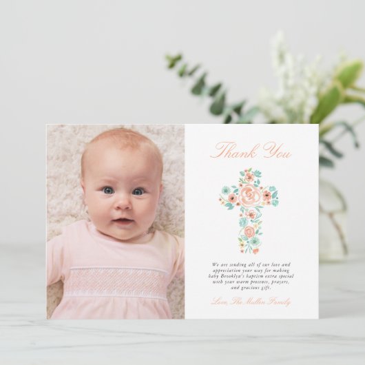 Peach & Mint Bloemenkruis Doop Foto Dank u Bedankkaart (Staand voorkant)