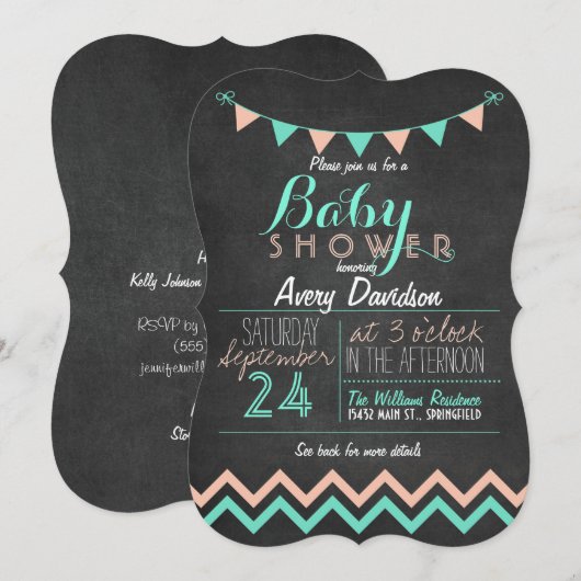 Peach & Mint Bunting Flag Chalkboard Baby shower Kaart (Voorkant / Achterkant)