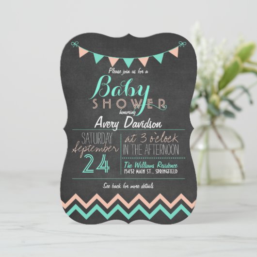 Peach & Mint Bunting Flag Chalkboard Baby shower Kaart (Staand voorkant)