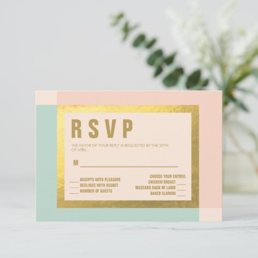 Peach Mint + Gold Foil RSVP | BRUILOFTEN (Staand voorkant)