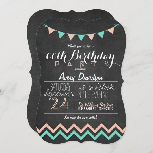 Peach & Mint Green Chalkboard verjaardagsfeestje Kaart (Voorkant / Achterkant)