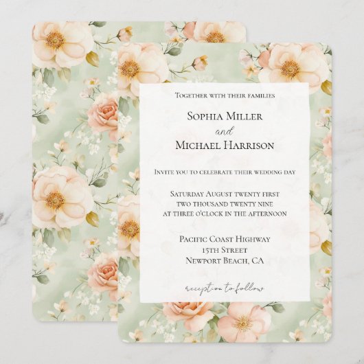 Peach Mint Pretty Rose Floral Wedding Kaart (Voorkant / Achterkant)