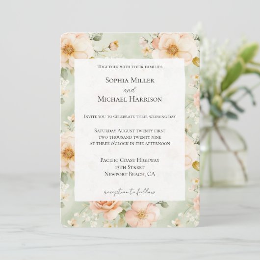 Peach Mint Pretty Rose Floral Wedding Kaart (Staand voorkant)