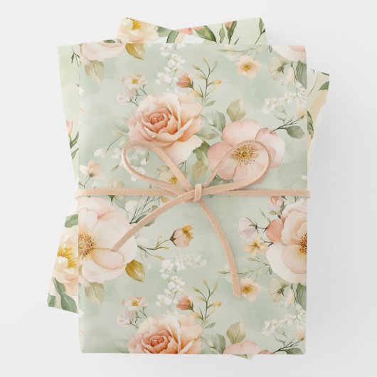 Peach Mint Pretty Roses Floral Bridal Shower Inpakpapier Vel (In situ)