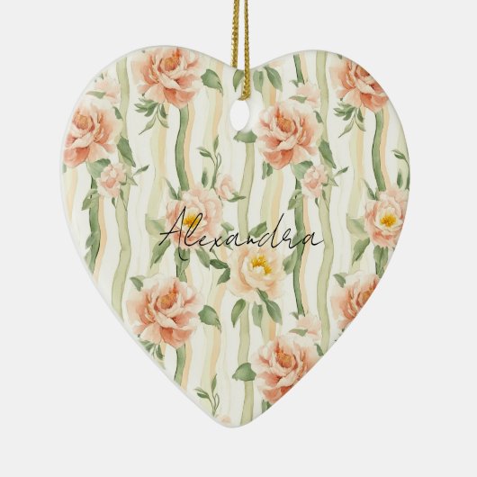 Peach Mint Pretty Roses Floral Stripes Keramisch Ornament (Rechts)
