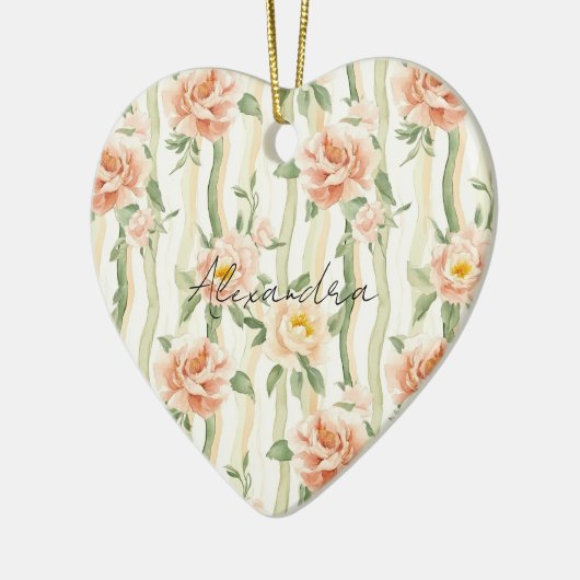 Peach Mint Pretty Roses Floral Stripes Keramisch Ornament (Links)