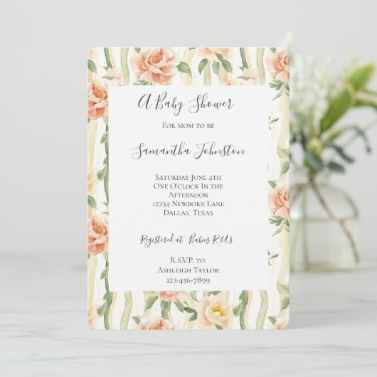Peach Mint Roses Floral Stripes Baby Shower Kaart (Staand voorkant)