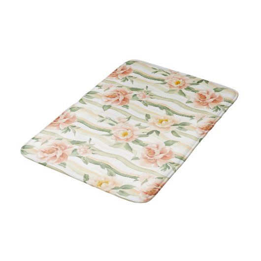 Peach Mint Roses Floral Stripes Badmat (Gekanteld)