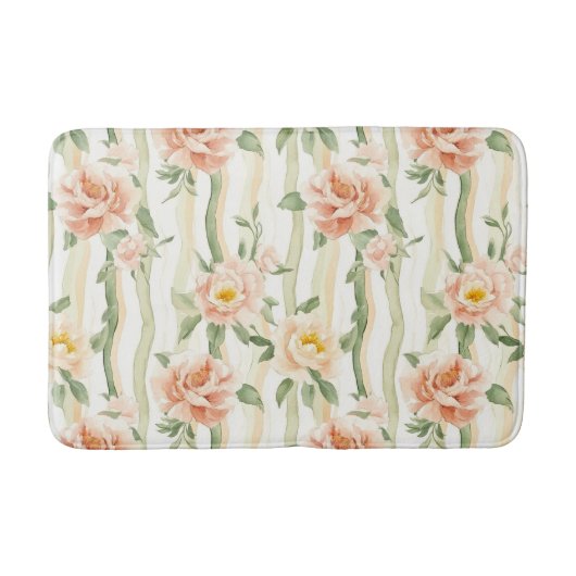 Peach Mint Roses Floral Stripes Badmat (Voorkant)
