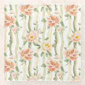 Peach Mint Roses Floral Stripes Birthday Glazen Onderzetter (Voorkant)