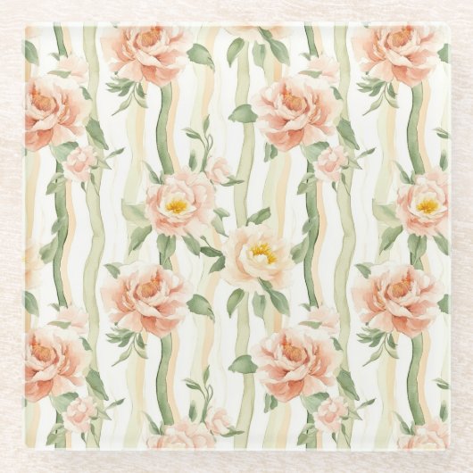 Peach Mint Roses Floral Stripes Birthday Glazen Onderzetter (Voorkant)