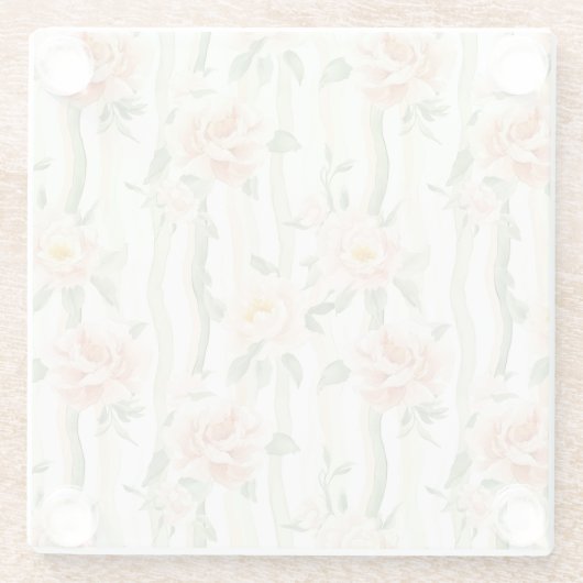 Peach Mint Roses Floral Stripes Birthday Glazen Onderzetter (Achterkant)