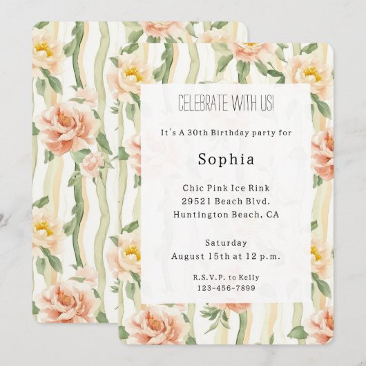 Peach Mint Roses Floral Stripes Birthday Kaart (Voorkant / Achterkant)