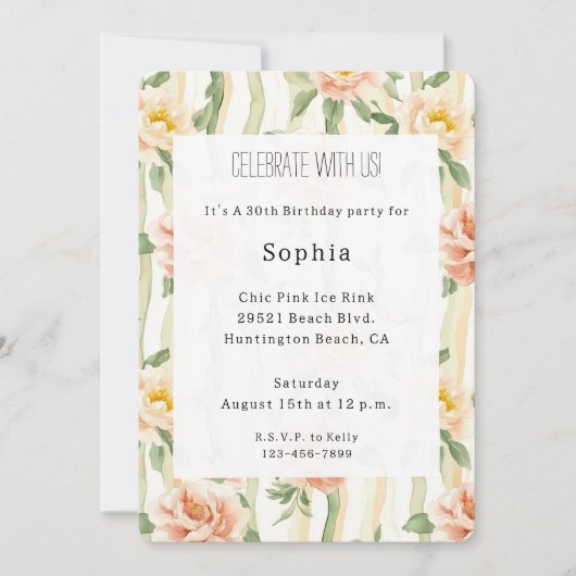 Peach Mint Roses Floral Stripes Birthday Kaart (Voorkant)