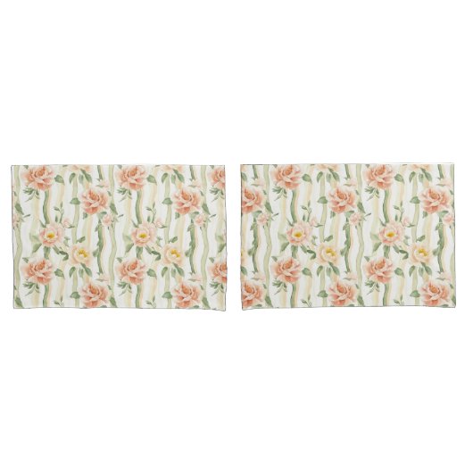 Peach Mint Roses Floral Stripes Birthday Kussensloop (Voorkant-Set)