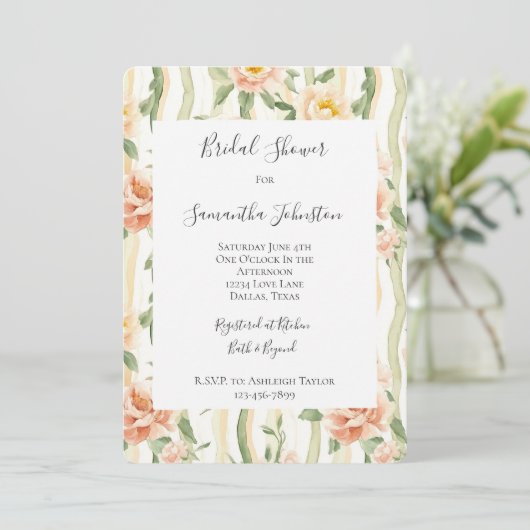 Peach Mint Roses Floral Stripes Bridal Shower Kaart (Staand voorkant)