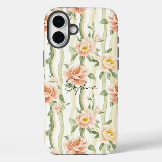 Peach Mint Roses Floral Stripes Case-Mate iPhone Case (Achterkant)