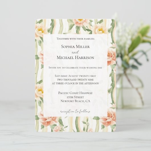 Peach Mint Roses Floral Stripes Wedding Kaart (Staand voorkant)