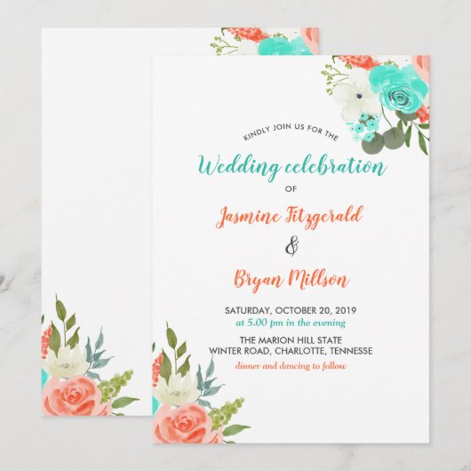 Peach Mint Waterverf Floral | Uitnodiging tot wedd (Voorkant / Achterkant)