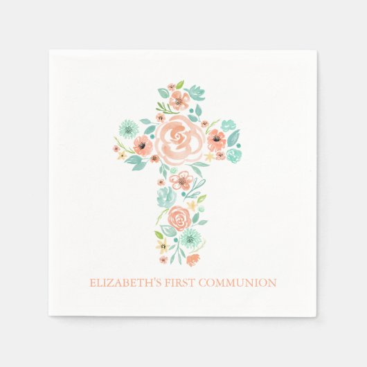 Peach Mint Waterverf Flower Cross Eerste Communie Servet (Voorkant)