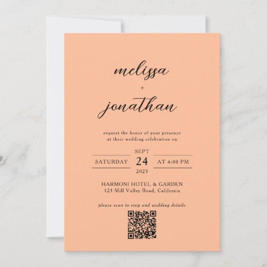 Peach Modern Fotoscript Monogram QR-code Bruiloft Kaart (Voorkant)