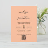 Peach Modern Fotoscript Monogram QR-code Bruiloft Kaart (Staand voorkant)