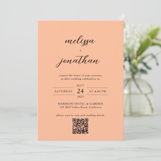 Peach Modern Fotoscript Monogram QR-code Bruiloft Kaart (Staand voorkant)