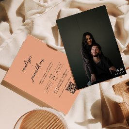 Peach Modern Fotoscript Monogram QR-code Bruiloft Kaart