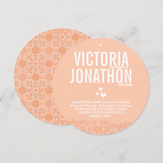 Peach Modern HeartsTypography Wedding Kaart (Voorkant / Achterkant)