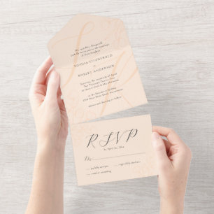 Peach Modern minimalist Typography Floral Wedding All In One Uitnodiging